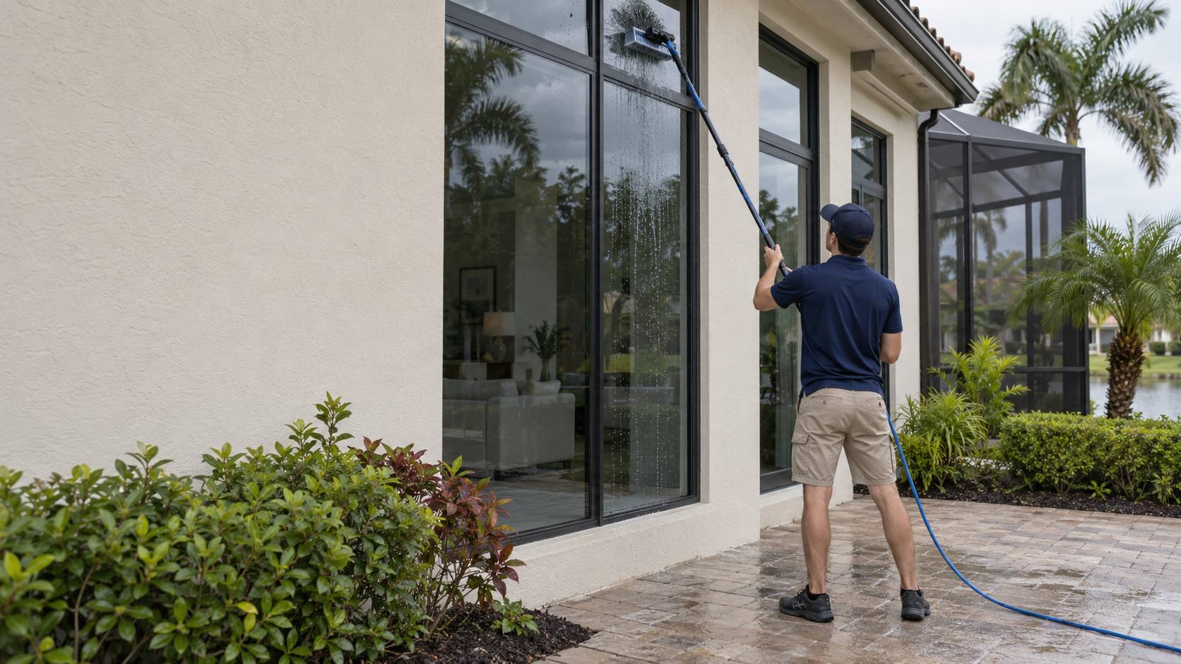 Window cleaner using a water-fed pole on tall windows of a cream stucco Florida home